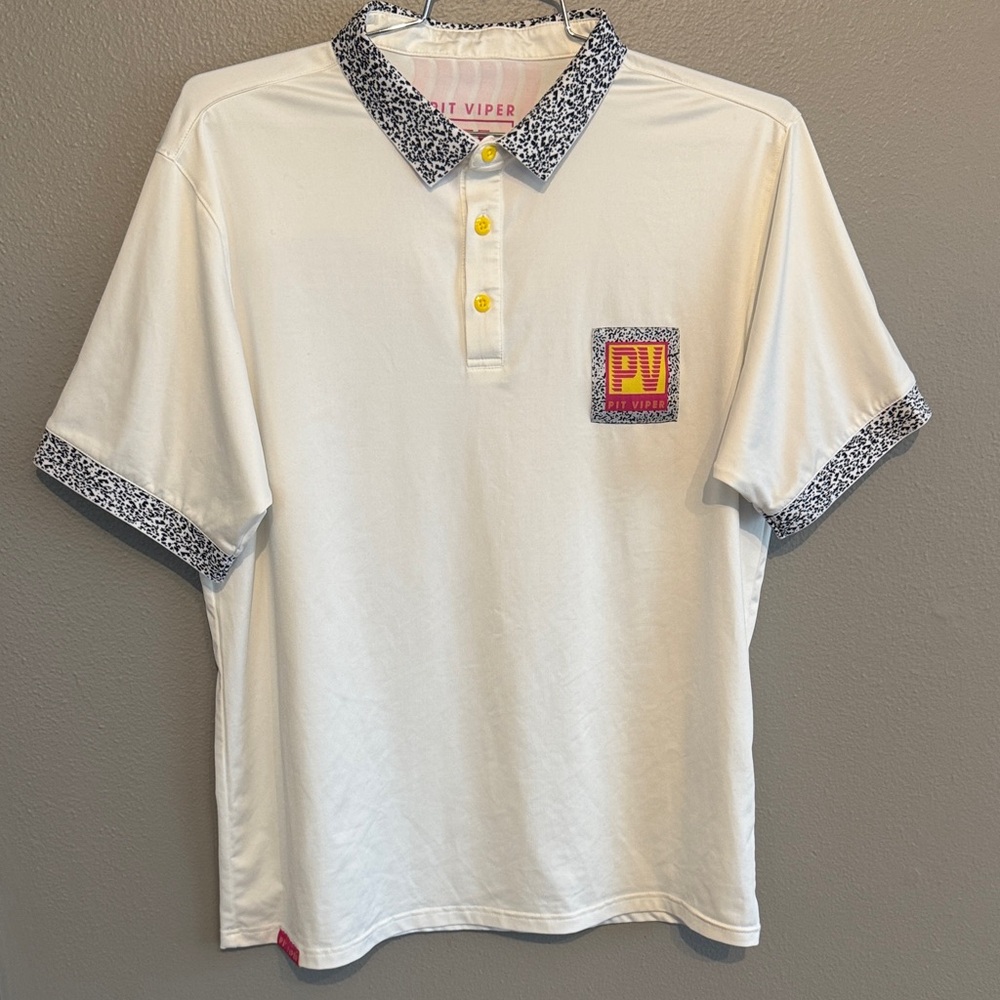 Pit Viper White Polo with Black Patterned Trim and Yellow Accents